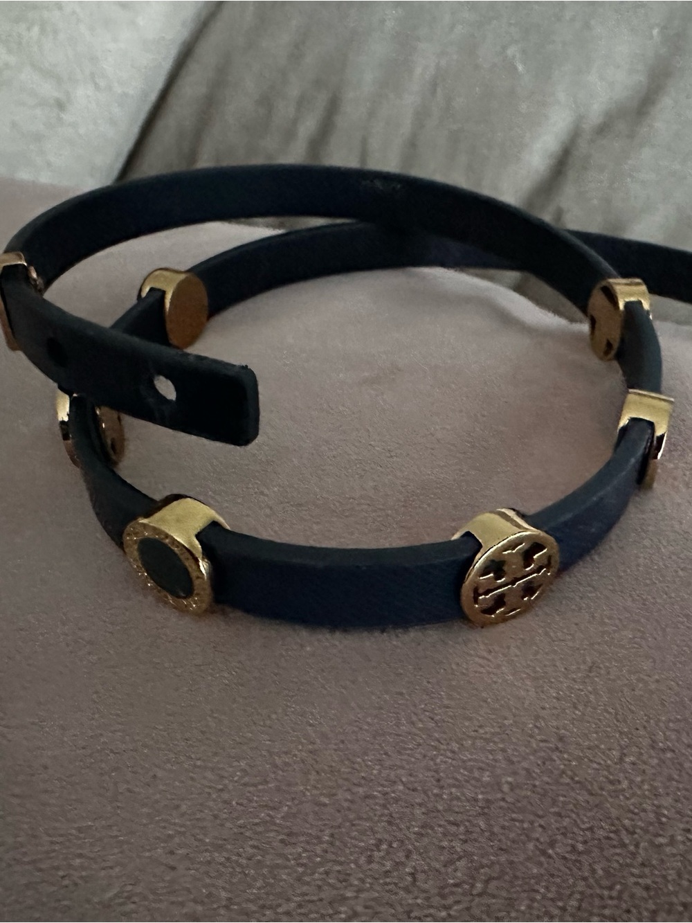 Tory Burch navy blue leather and gold-toned Miller double-wrap bracelet.